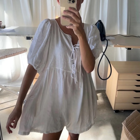 Marlow & Mae Markets Tie Puff Sleeve Linen Babydoll Mini Dress AU XXS US 0-2 NEW - Picture 3 of 10